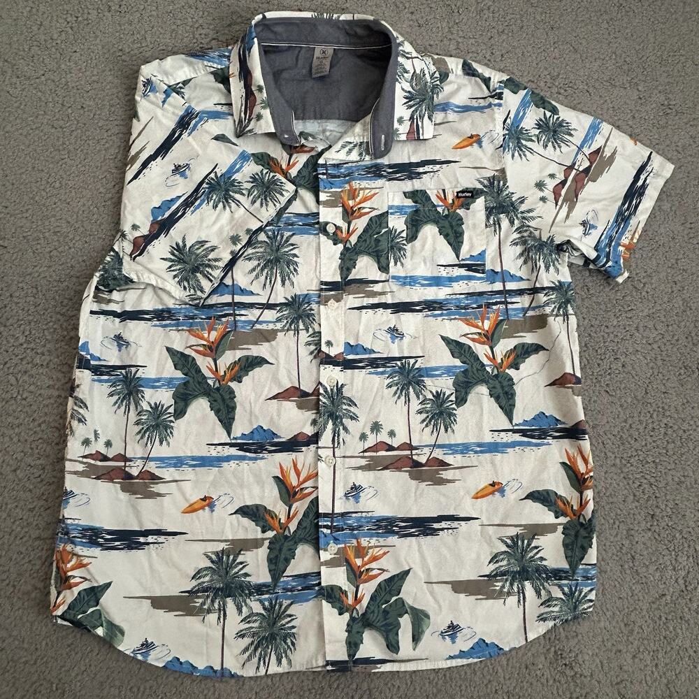 Hurley Hawaiian Mens Size XL Button Up Shirt Tropical Beach White Floral Preppy